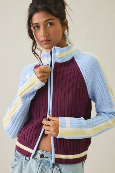 BDG Ruby Ribbed Knit Mockneck Zip-Up Cardigan