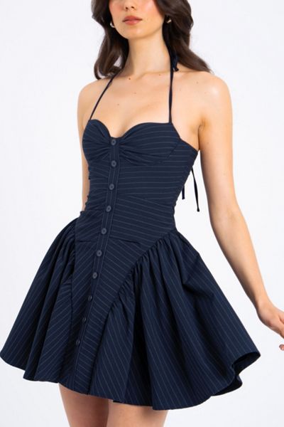 knee length dresses for ladies Miss Circle Women's Melody Baby Blue Railroad Stripe Halter Drop Waist Mini Dress - Blue Stripe