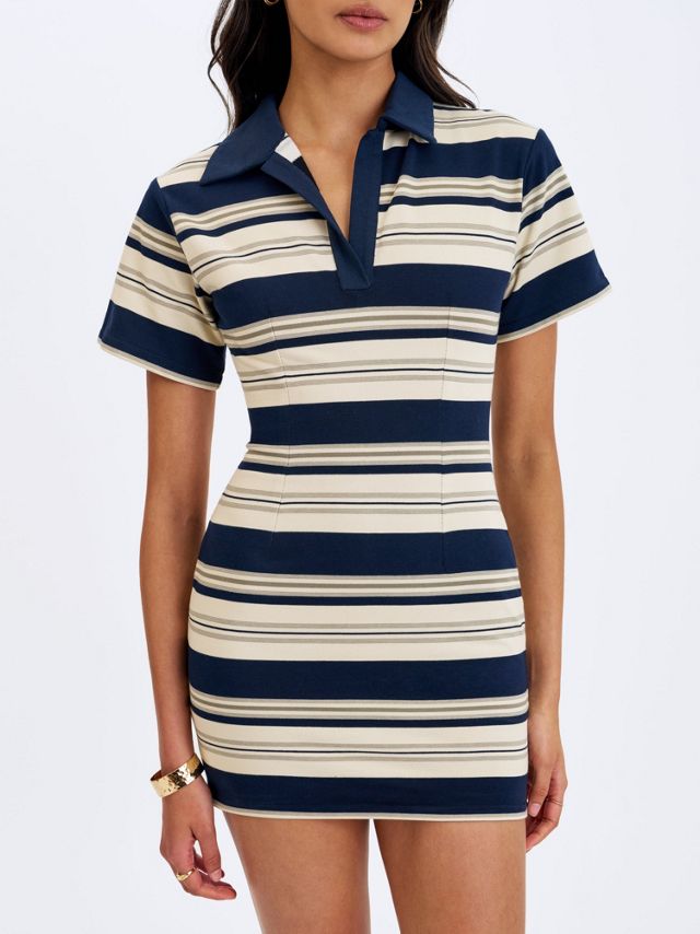 Miss Circle Whitley Piqué Cotton Striped Collared Mini Dress #1