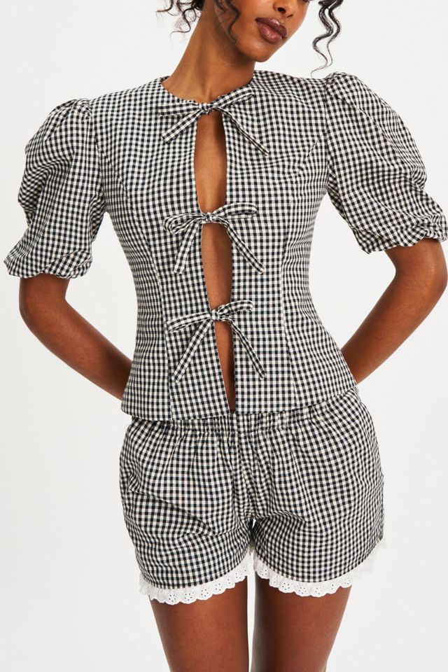 Miss Circle Qusayla Gingham Bubble Sleeve Bowtie Top #1