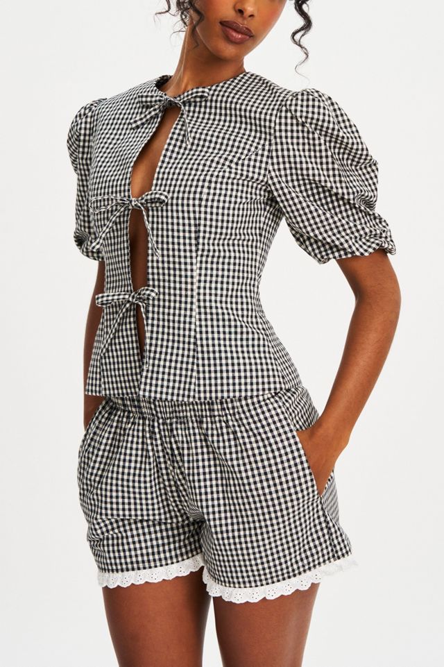 Miss Circle Qusayla Gingham Bubble Sleeve Bowtie Top #2