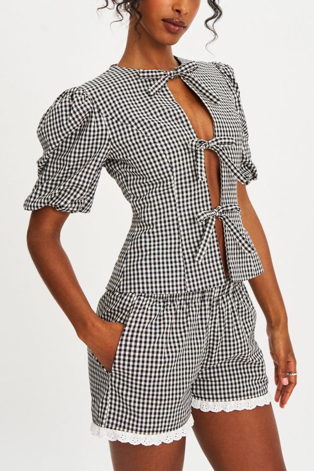 Miss Circle Qusayla Gingham Bubble Sleeve Bowtie Top #3