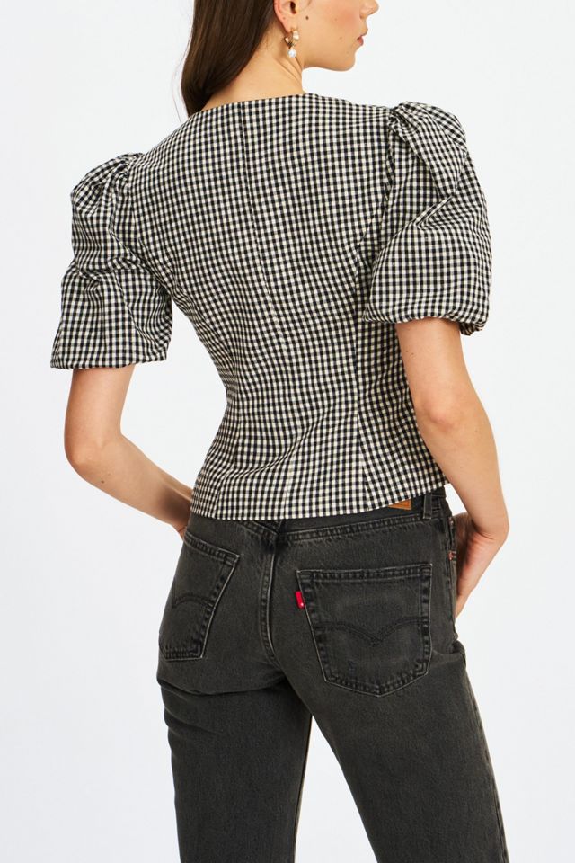 Miss Circle Qusayla Gingham Bubble Sleeve Bowtie Top #4
