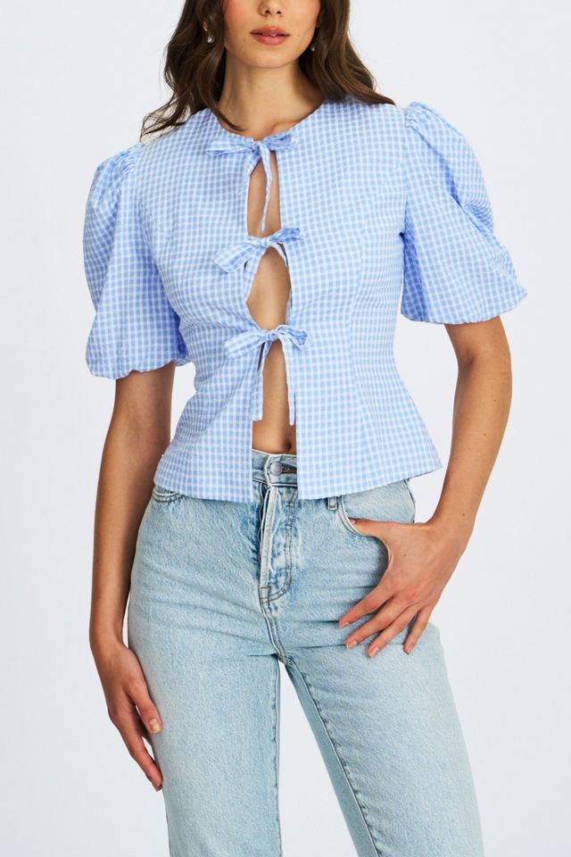 Miss Circle Qusayla Gingham Bubble Sleeve Bowtie Top #1