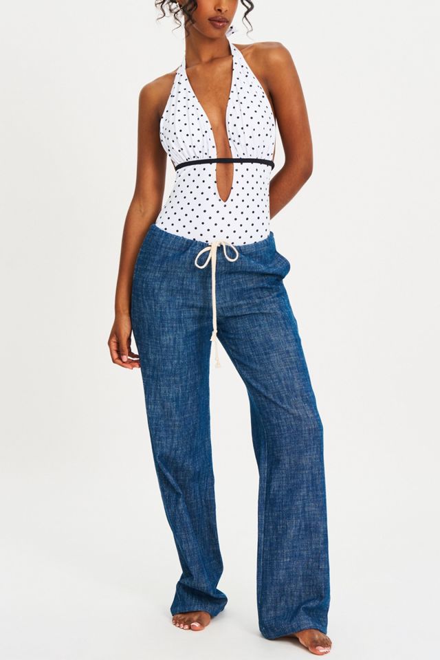 Miss Circle Olive Polka Dot Ruched Halter Backless Swimsuit #1