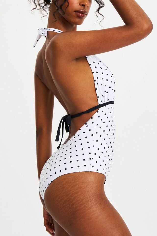 Miss Circle Olive Polka Dot Ruched Halter Backless Swimsuit #3