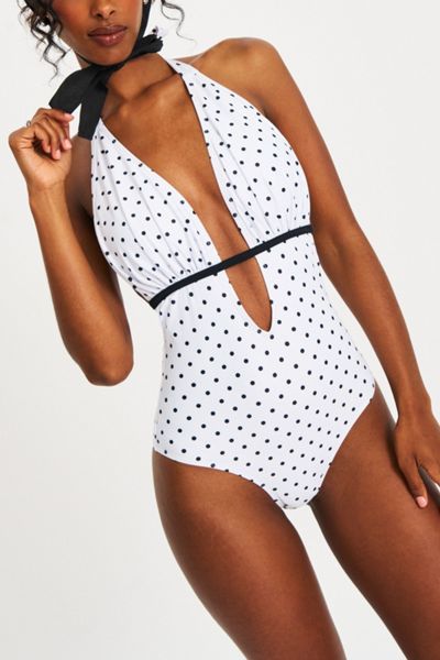 Miss Circle Olive Polka Dot Ruched Halter Backless Swimsuit