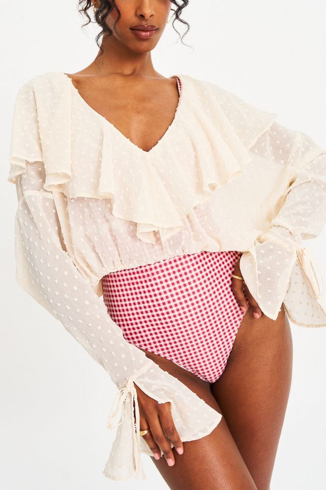 Miss Circle Magali Dotted Mesh Ruffle V Collar Top #1