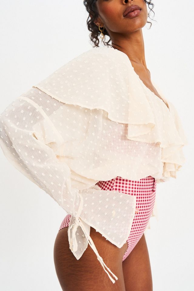 Miss Circle Magali Dotted Mesh Ruffle V Collar Top #3
