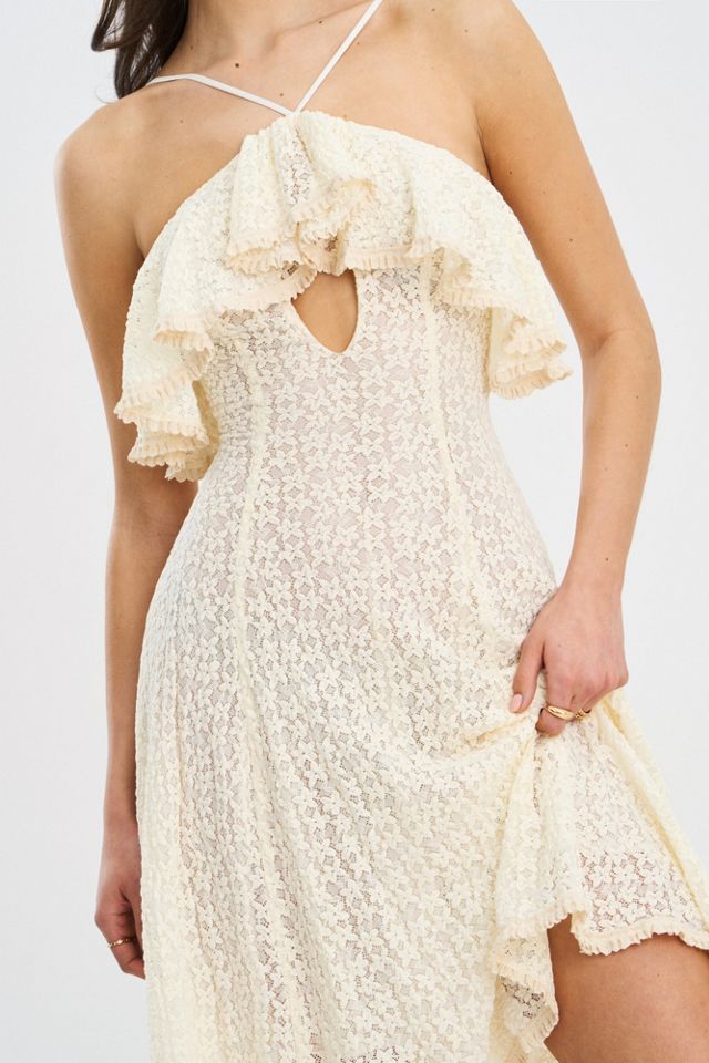 short yellow lace dress Kaylani Yellow Lace High Neck Short Sleeve Mini Dress – Get That Trend main image 1