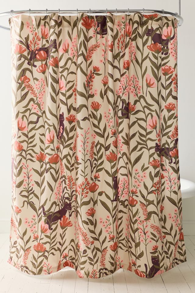 Wren Cat Greenery Patterned Shower Curtain #1