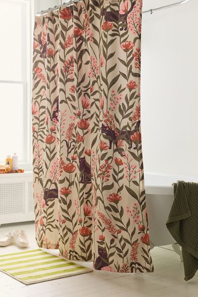 Wren Cat Greenery Patterned Shower Curtain