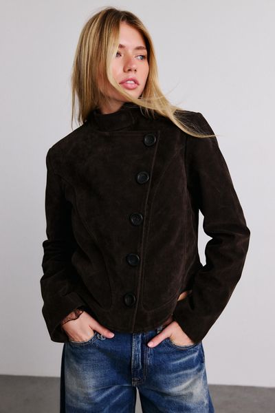 UO Brody Asymmetric Faux Suede Funnel Neck Jacket