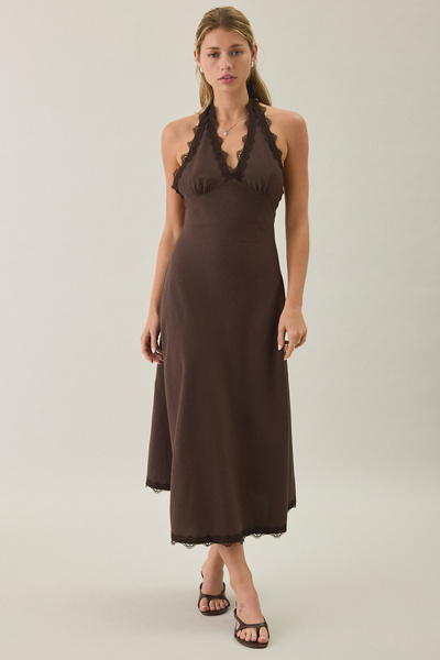 lioness halter neck back split midi dress in beige stripe Stars Align Lace Trim Solana midi