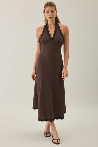 Lioness Stars Align Lace Trim Halter Midi Dress