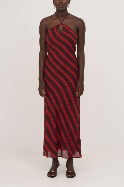 Carmen Says Whispered Striped Burgundy and Red Long Occasion Dress