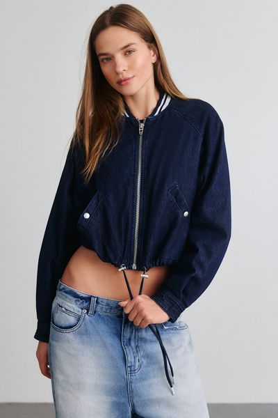 BLANKNYC Play Time Collarless Denim Bomber Jacket