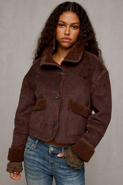 BLANKNYC Casual Night Fleece Trim Faux Suede Jacket