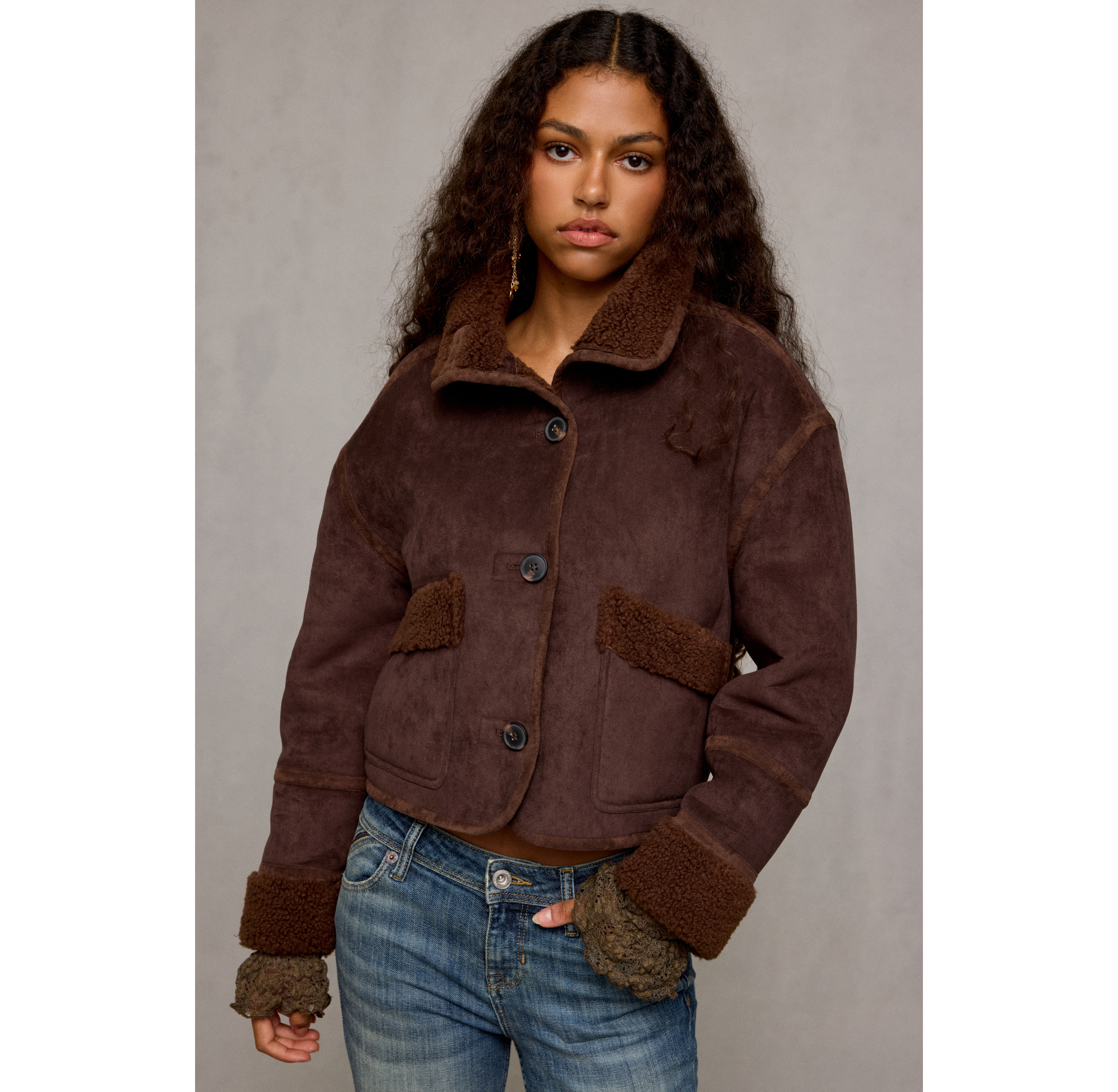 BLANKNYC Casual Night Fleece Trim Faux Suede Jacket