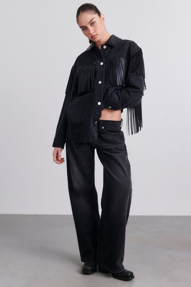 BLANKNYC Pony Up Faux Leather Fringe Denim Jacket #1