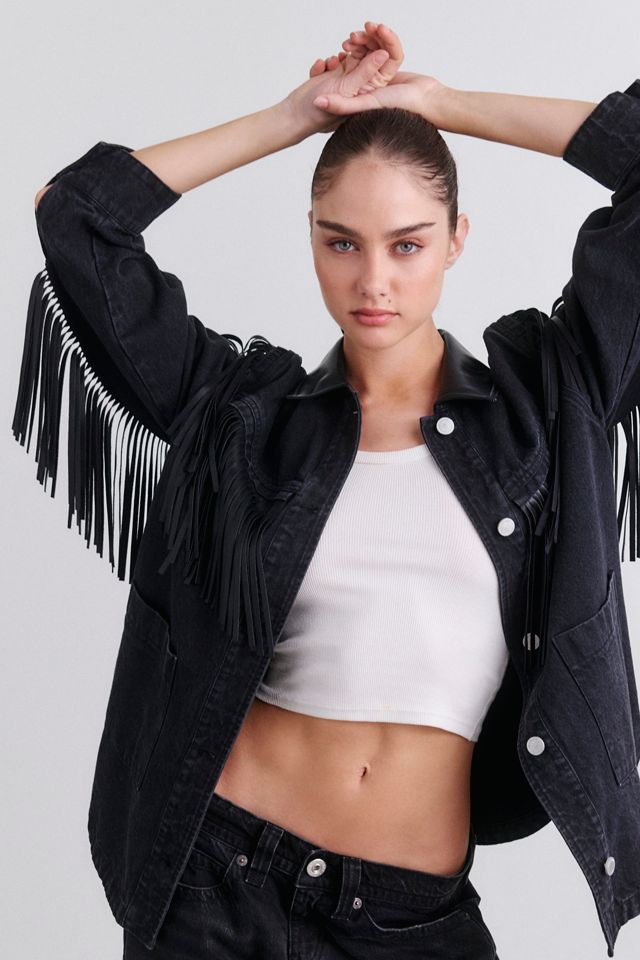 BLANKNYC Pony Up Faux Leather Fringe Denim Jacket #2