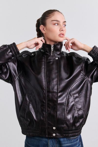 BLANKNYC Hot Brew Funnel Neck Faux Leather Bomber Jacket