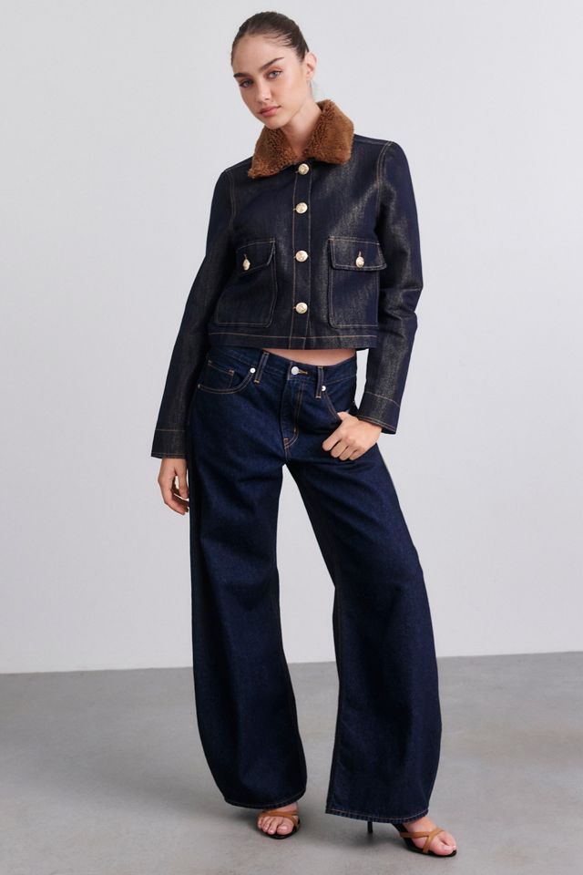 BLANKNYC Clout Chaser Faux Fur Trim Metallic Denim Jacket #1