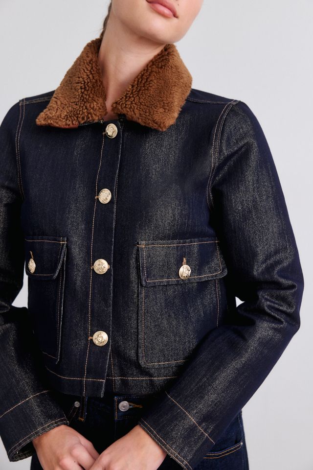BLANKNYC Clout Chaser Faux Fur Trim Metallic Denim Jacket #2