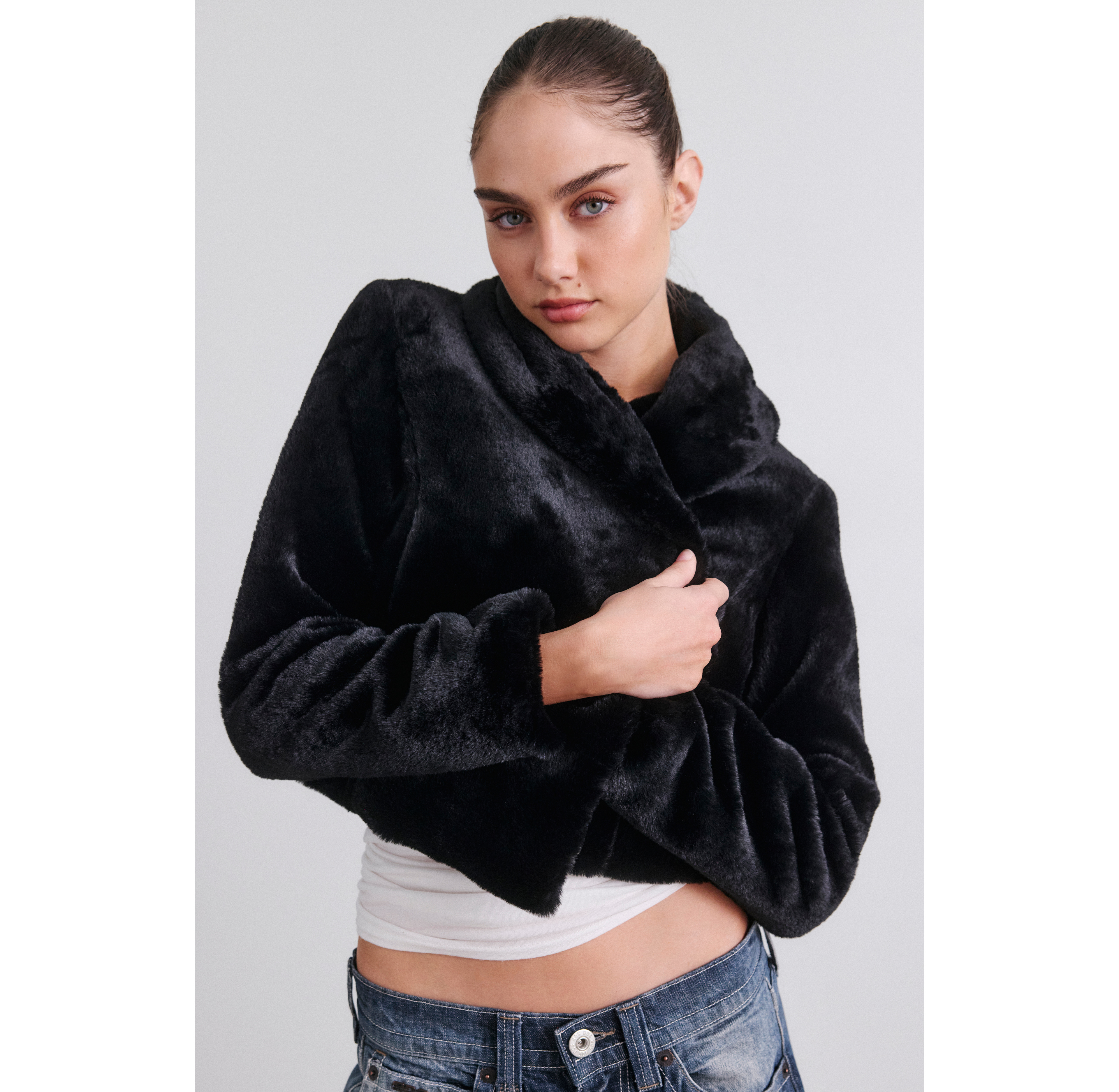 BLANKNYC Be My Guest Faux Fur Shawl Collar Jacket