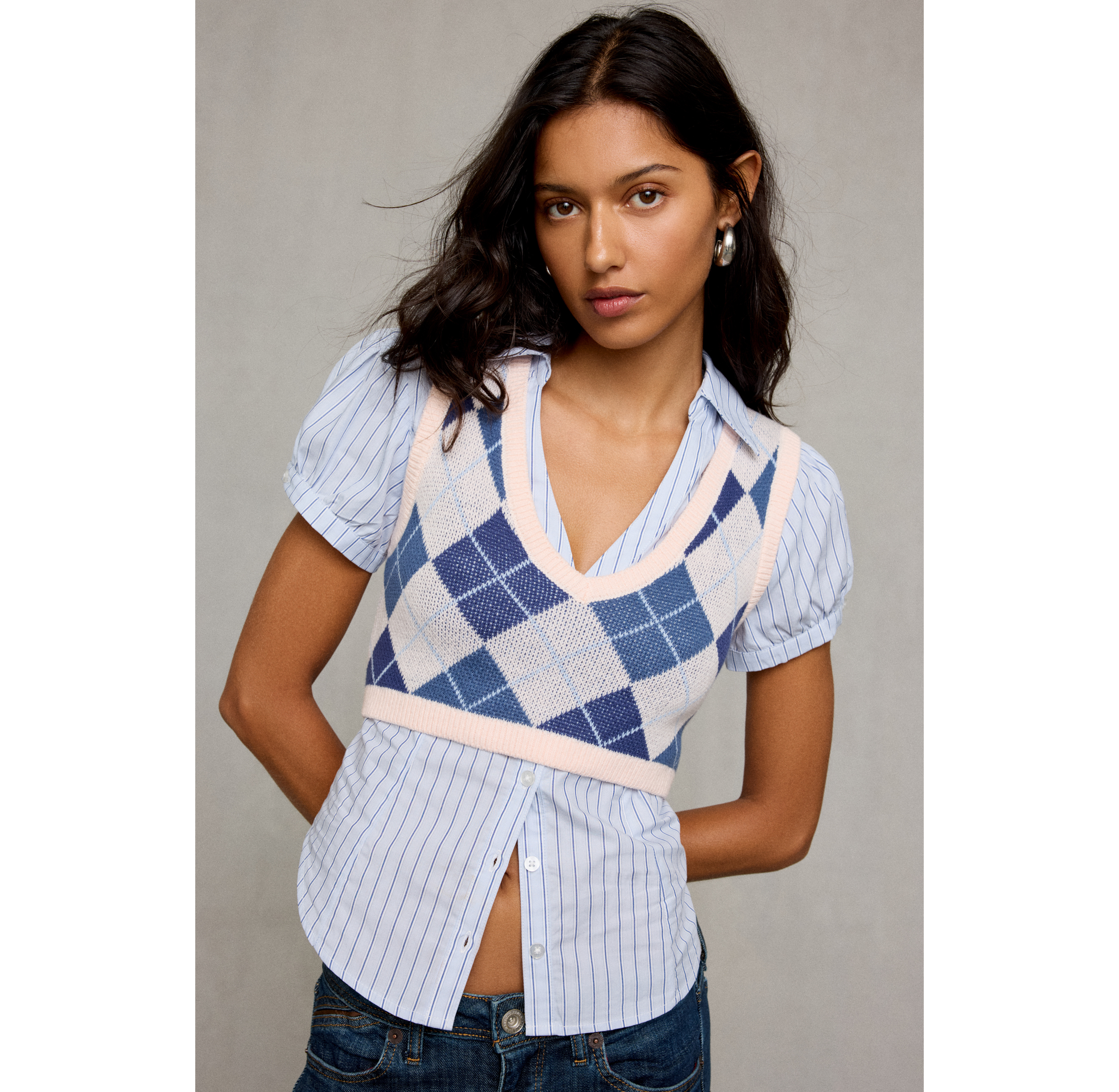 Kimchi Blue Seeing Double Short Sleeve Button-Down Twofer Top