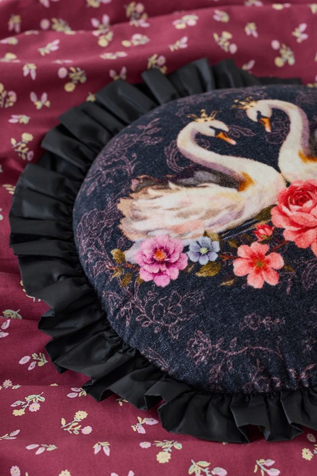 Swan Round Velvet Ruffled Throw Pillow #1