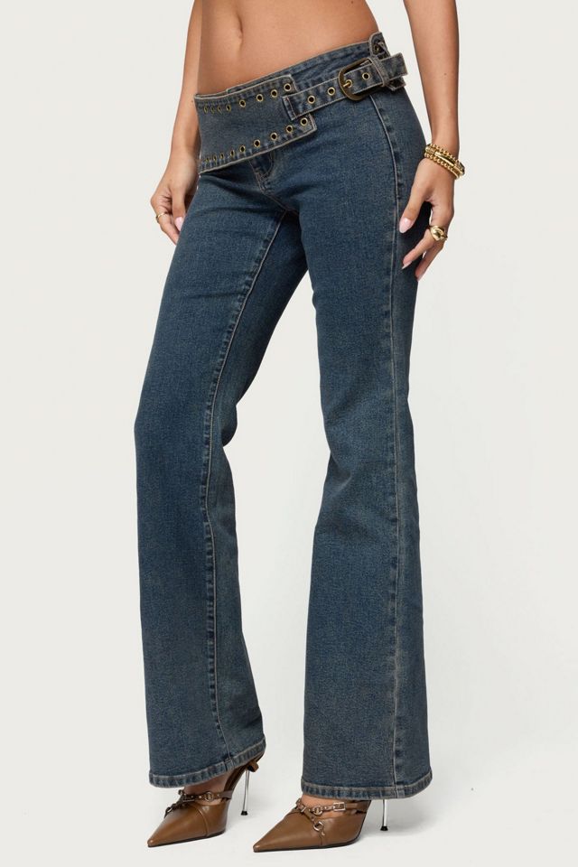 Edikted Asymmetric Grommet Belt Low Rise Flared Jeans #3