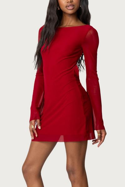 strapless open back dress Sheer Scalloped-Lace Long-Sleeve Mini Dress in Wine Red - XL main image 1