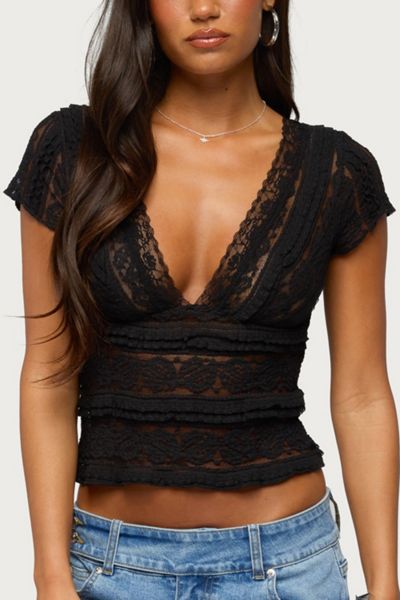 Edikted Avalee Sheer Lace V Neck Top