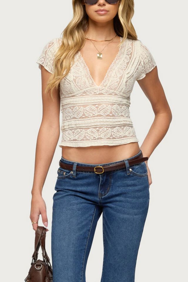 Edikted Avalee Sheer Lace V Neck Top #3