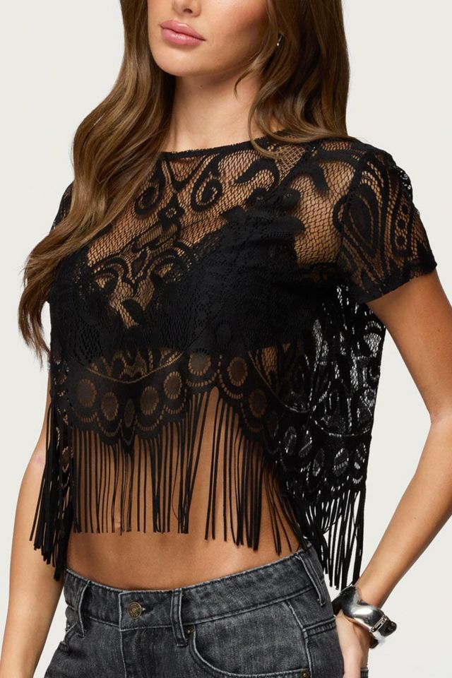 Edikted Kira Sheer Lace Fringe Top #2