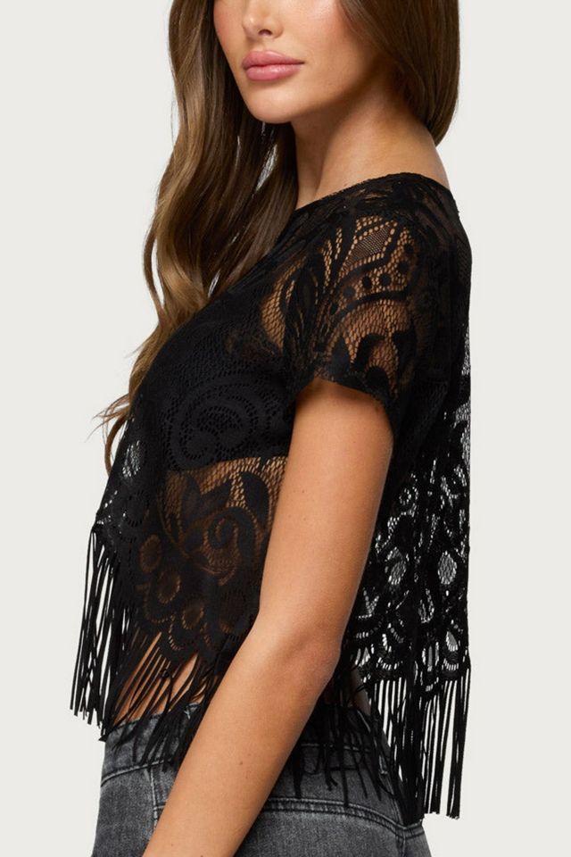 Edikted Kira Sheer Lace Fringe Top #4