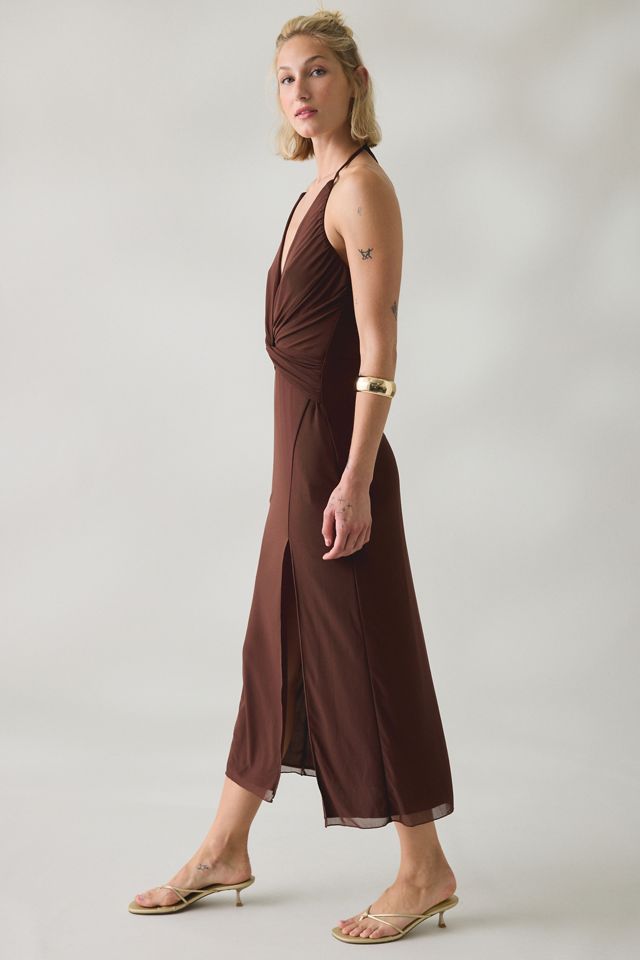 UO Petal Twist Plunging Halter Neck Mesh Midi Dress #1