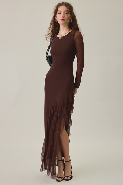 brown dress long sleeve Draped Maxi Elongated kick pleat slit at back This dress!!  I wore