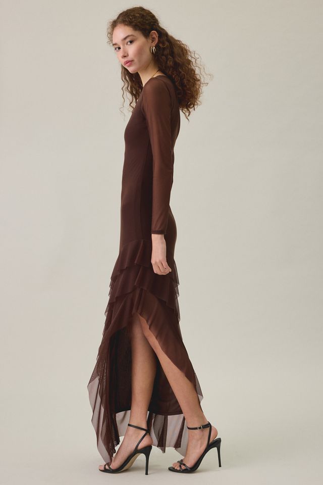 UO Dusk-To-Dawn Mesh Asymmetric Ruffle High-Low Maxi Dress #2