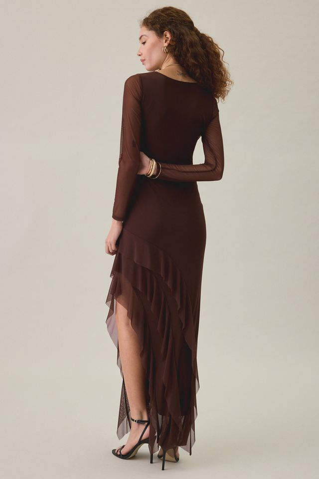 UO Dusk-To-Dawn Mesh Asymmetric Ruffle High-Low Maxi Dress #3