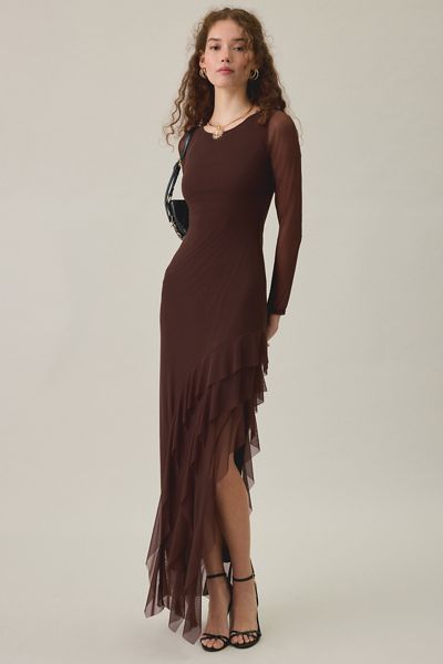 UO Dusk-To-Dawn Mesh Asymmetric Ruffle High-Low Maxi Dress
