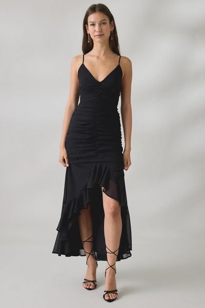 UO Ciara Cascading Ruffle High-Low Midi Dress
