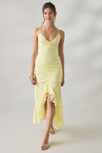 UO Ciara Cascading Ruffle High-Low Midi Dress