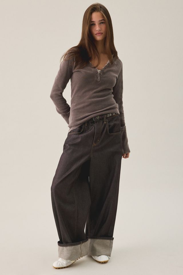 BDG Lorna Waffle Knit Cotton Long Sleeve Henley Tee #3