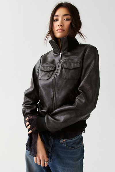 BDG Romy Faux Leather Funnel Neck Bomber Jacket