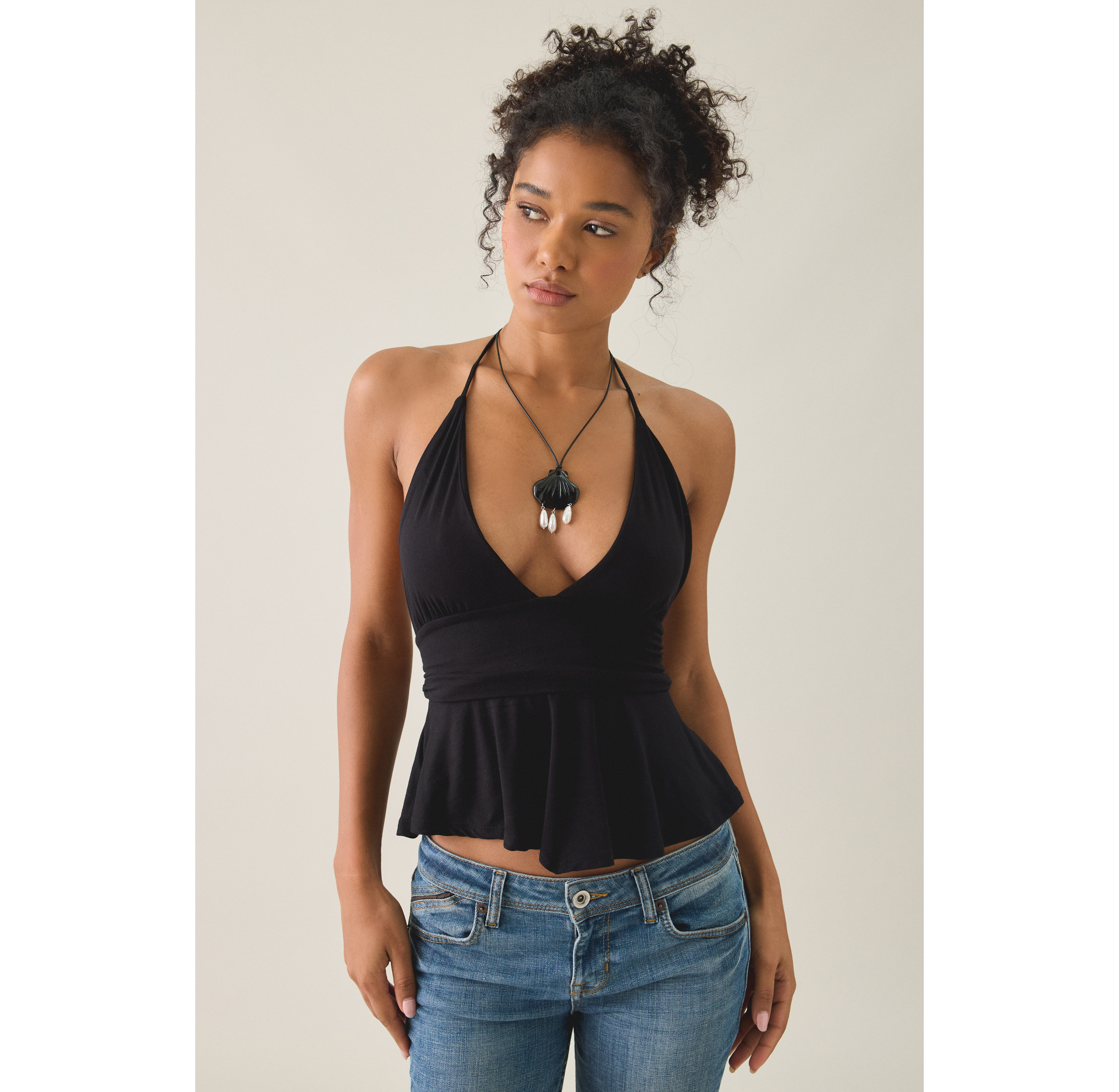UO Eryka Plunging Halter Neck Babydoll Top