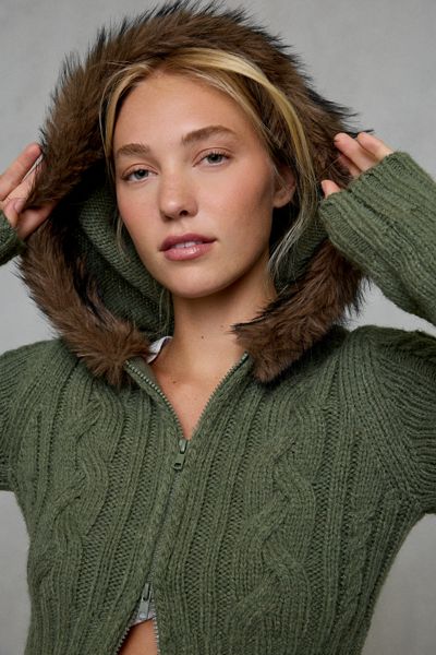 BDG Camille Cropped Cable Knit Zip-Up Hoodie Sweater