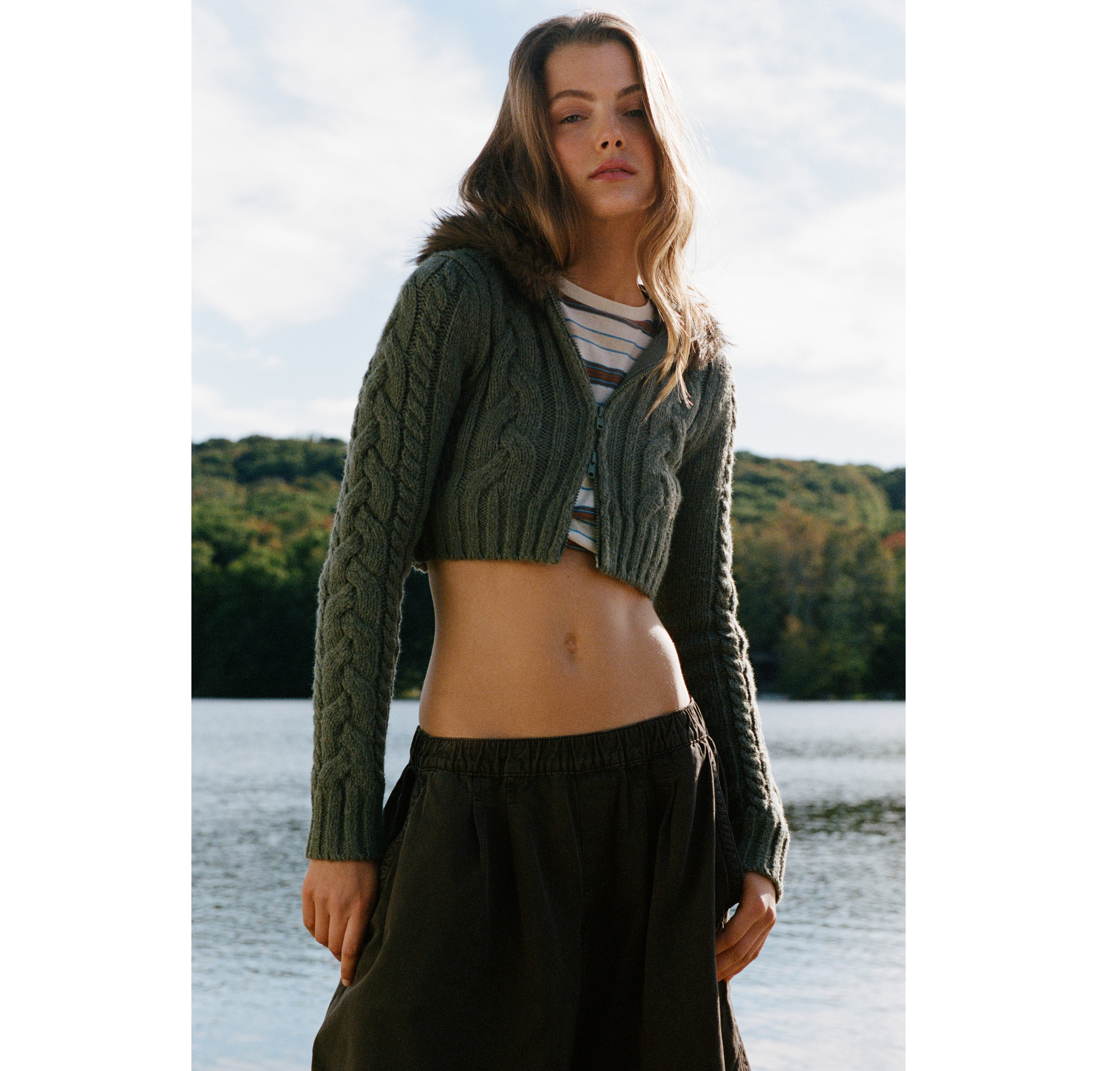 BDG Camille Cropped Cable Knit Zip-Up Hoodie Sweater