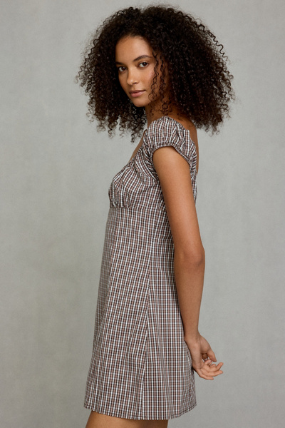 BDG Highland Square Neck Puff Sleeve Plaid Mini Dress